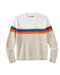 Beige crewneck sweater with colorful horizontal stripes on the chest area.